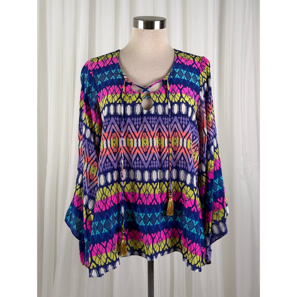 Alice & Trixie Geometric Print Bell Sleeve Boho Blouse‎ Womens Silk Size M - Picture 2 of 9